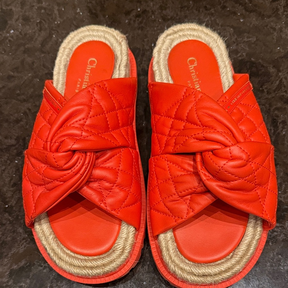 Dior Orange Quilted Espadrille Slides Size 37